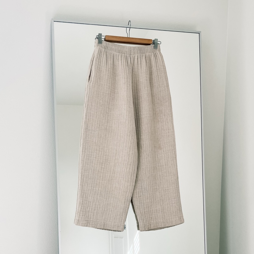 Black Crane Wide-Leg Cotton/Linen-Blend Pants Set in Ecru
